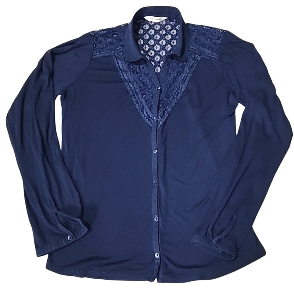 Naf Naf Blue Knit Shirt Lace Button Up Long Sleeve Western Cowgirl Country M